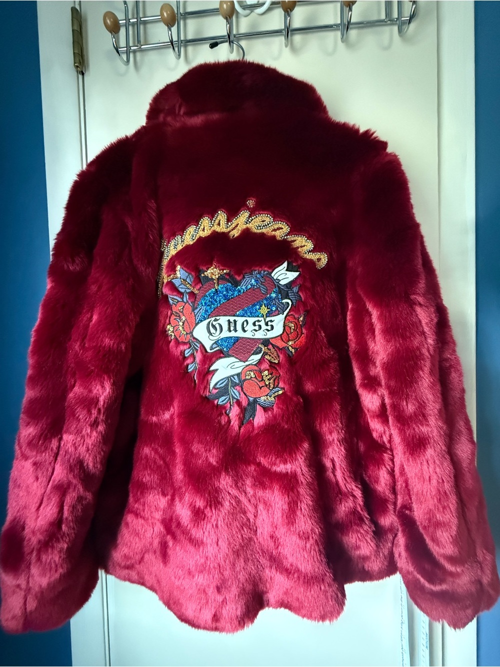 GUESS Burgundy Faux Fur Teddy Jacket with Embroidered Heart Back NWT Sz M